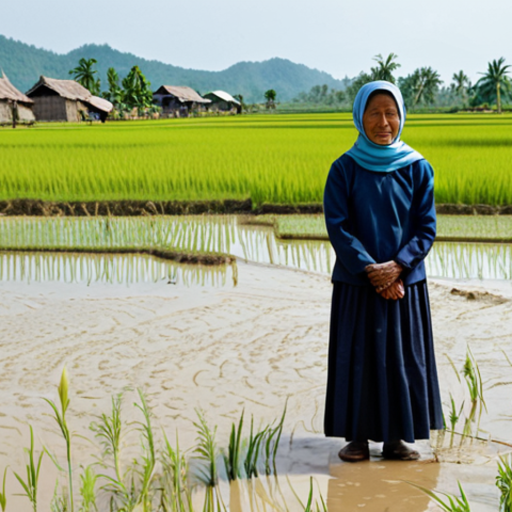 Climate Change Amplifying Vulnerability**
"A farming village in Southeast Asia, experiencing both drought and flooding in alternating years. Rice paddies are cracked and dry in one area, submerged in another. Villagers are fully clothed in traditional, modest attire, looking distressed but resilient. Background shows a parched landscape meeting a flooded one. Safe for work, appropriate content, professional photojournalism, perfect anatomy, natural proportions, family-friendly, fully clothed, modest clothing."
**