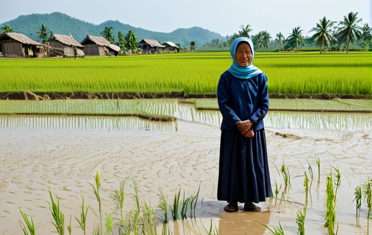 Climate Change Amplifying Vulnerability**
"A farming village in Southeast Asia, experiencing both drought and flooding in alternating years. Rice paddies are cracked and dry in one area, submerged in another. Villagers are fully clothed in traditional, modest attire, looking distressed but resilient. Background shows a parched landscape meeting a flooded one. Safe for work, appropriate content, professional photojournalism, perfect anatomy, natural proportions, family-friendly, fully clothed, modest clothing."
**