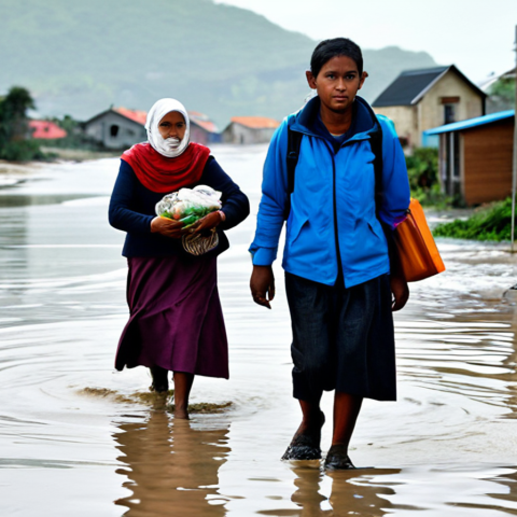 Climate-Induced Displacement**
"A group of fully clothed, diverse individuals, appropriate attire, walking away from a flooded coastal village, modest clothing, carrying essential belongings, safe for work, in the background are damaged homes and rising sea levels, professional photography, perfect anatomy, natural proportions, family-friendly, showing the impact of climate change on communities, appropriate content."
**