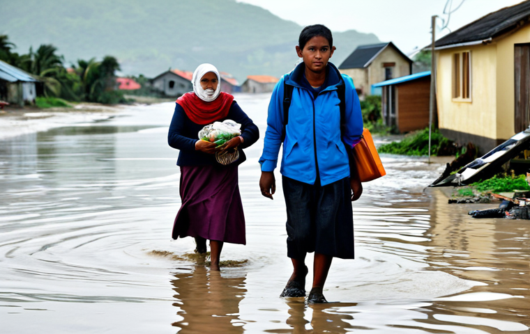 Climate-Induced Displacement**
"A group of fully clothed, diverse individuals, appropriate attire, walking away from a flooded coastal village, modest clothing, carrying essential belongings, safe for work, in the background are damaged homes and rising sea levels, professional photography, perfect anatomy, natural proportions, family-friendly, showing the impact of climate change on communities, appropriate content."
**
