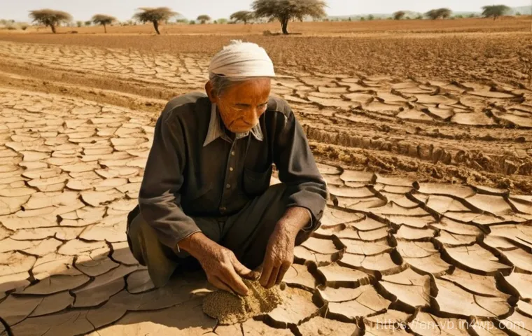 기후 난민과 환경 정의 - **Prompt Title: "The Last Harvest"**
    "A wide, poignant shot of an elderly farmer, weathered hand...