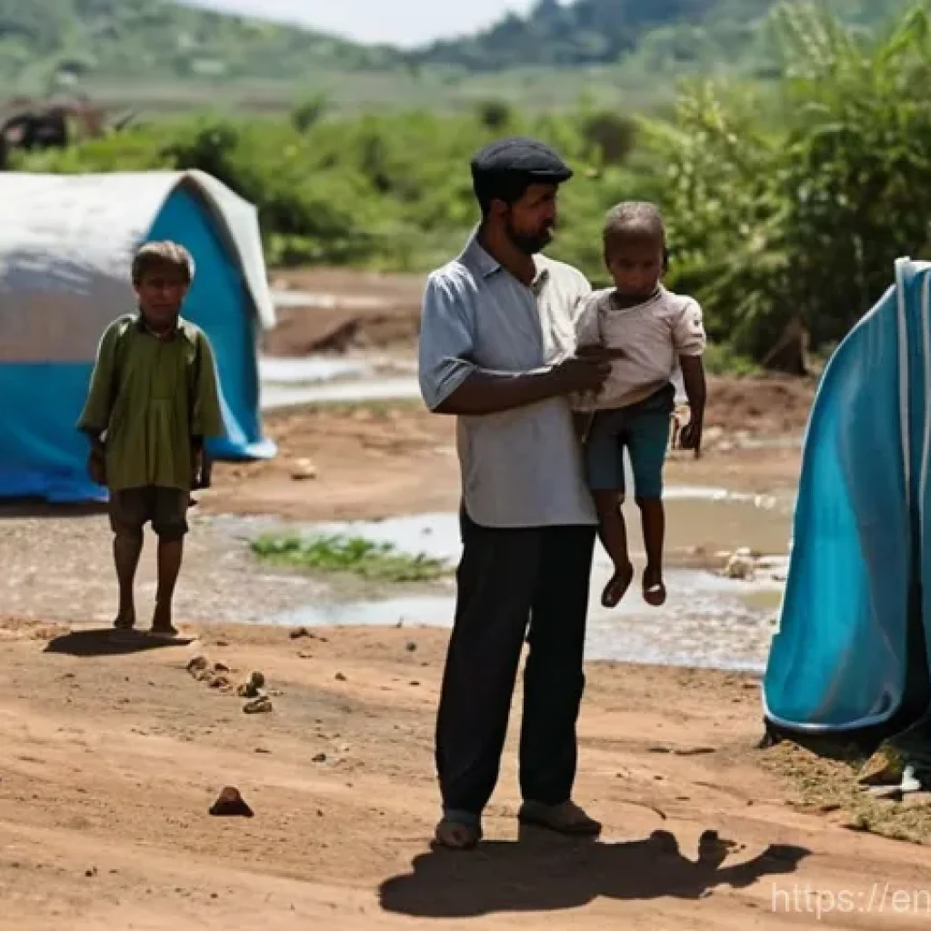 기후 난민 지원을 위한 글로벌 네트워크 구축 - **Prompt:** A poignant, realistic photograph depicting a family of climate-displaced persons. A youn...