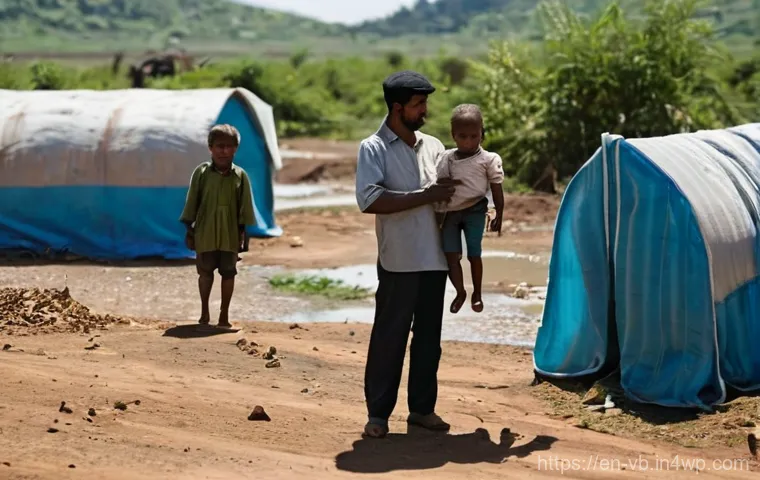 기후 난민 지원을 위한 글로벌 네트워크 구축 - **Prompt:** A poignant, realistic photograph depicting a family of climate-displaced persons. A youn...