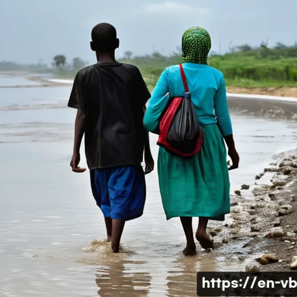 기후 난민 대책과 지속 가능한 개발 목표 - **A displaced family, embodying resilience amidst loss, walking along a partially submerged coastal ...