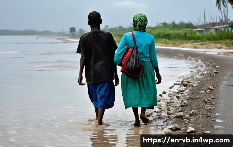 기후 난민 대책과 지속 가능한 개발 목표 - **A displaced family, embodying resilience amidst loss, walking along a partially submerged coastal ...