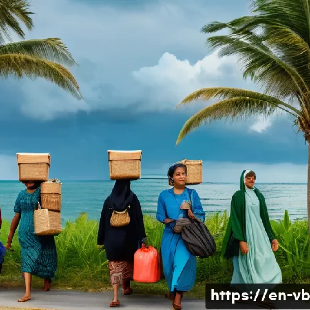 기후 난민을 위한 국제 협력 방안 - A diverse group of climate refugees wearing modest, culturally respectful clothing and carrying esse...
