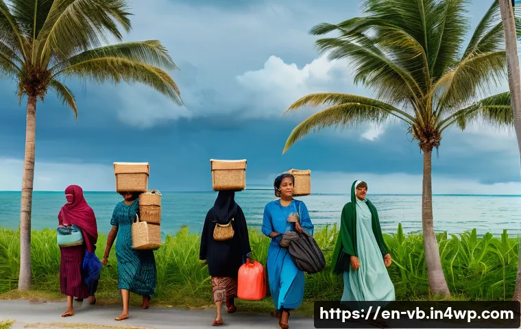 기후 난민을 위한 국제 협력 방안 - A diverse group of climate refugees wearing modest, culturally respectful clothing and carrying esse...