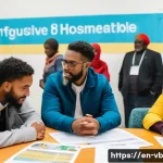Home 22 기후 난민 대책의 책임 있는 리더십 - A diverse group of community leaders and climate refugees gathered around a table in a bright, moder...