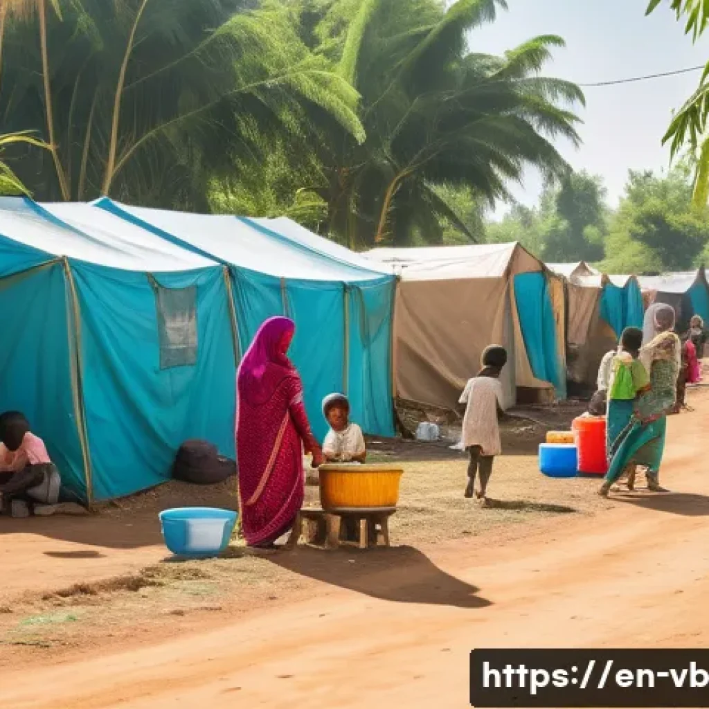 기후 난민의 건강 문제와 대책 - A vibrant refugee camp scene in a tropical setting showing diverse families wearing modest clothing ...