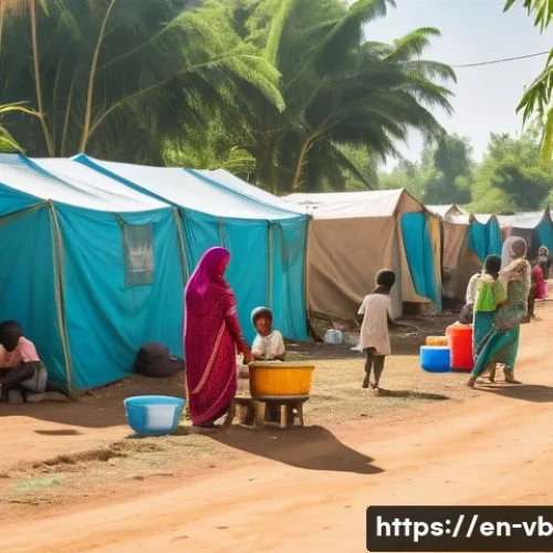 Home 33 기후 난민의 건강 문제와 대책 - A vibrant refugee camp scene in a tropical setting showing diverse families wearing modest clothing ...