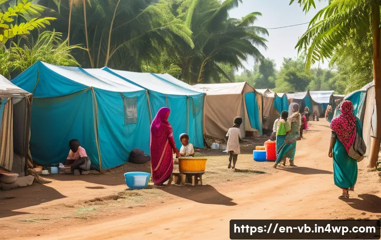 기후 난민의 건강 문제와 대책 - A vibrant refugee camp scene in a tropical setting showing diverse families wearing modest clothing ...