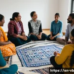 Home 20 기후 난민을 위한 심리적 지원 프로그램 - A diverse group of climate refugees sitting in a culturally respectful community circle inside a bri...