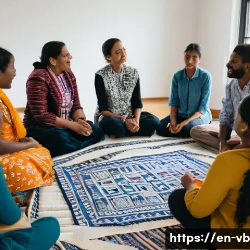 Home 32 기후 난민을 위한 심리적 지원 프로그램 - A diverse group of climate refugees sitting in a culturally respectful community circle inside a bri...