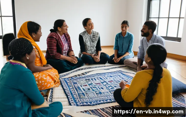 기후 난민을 위한 심리적 지원 프로그램 - A diverse group of climate refugees sitting in a culturally respectful community circle inside a bri...