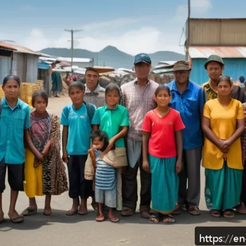 Home 17 기후 난민과 국제 법률 - A detailed, realistic scene showing a diverse group of climate-displaced families from a Pacific Isl...