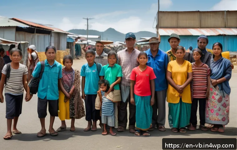 기후 난민과 국제 법률 - A detailed, realistic scene showing a diverse group of climate-displaced families from a Pacific Isl...