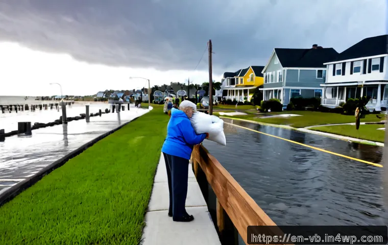 기후 변화가 지역 사회에 미치는 영향 - Photorealistic coastal American neighborhood adapting to sea-level rise, diverse residents in everyd...
