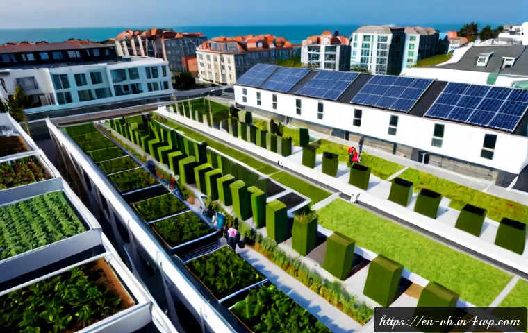 Home 17 기후 난민과 지속 가능한 도시 개발 - Photorealistic wide-angle scene of a resilient coastal city neighborhood designed for climate-displa...